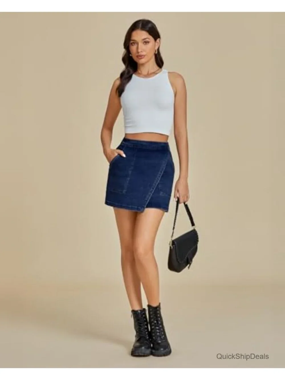 High Waisted Denim Mini Skirt with Pockets, Stretchy Wrap Skirt for Women